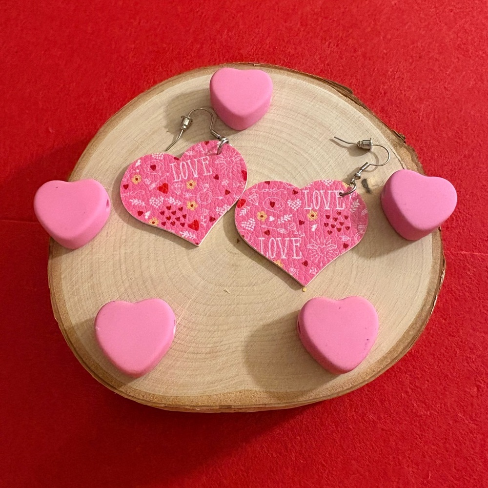 Faux Leather Drop/Dangle Earrings-Double-Sided “Love” Handmade